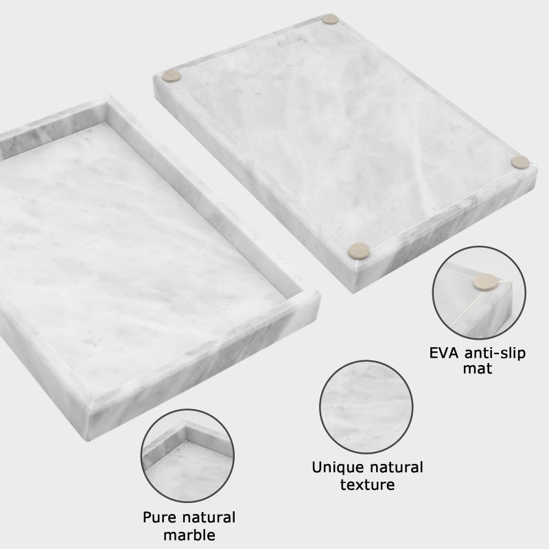 MULWR Marble Bathroom Tray Pure Natural Marble Vanity Tray Marble Tray for Kitchen Counter Non-Ceramic/Non-Resin Stone Tray 12 x 8 inch (White) - Image 2